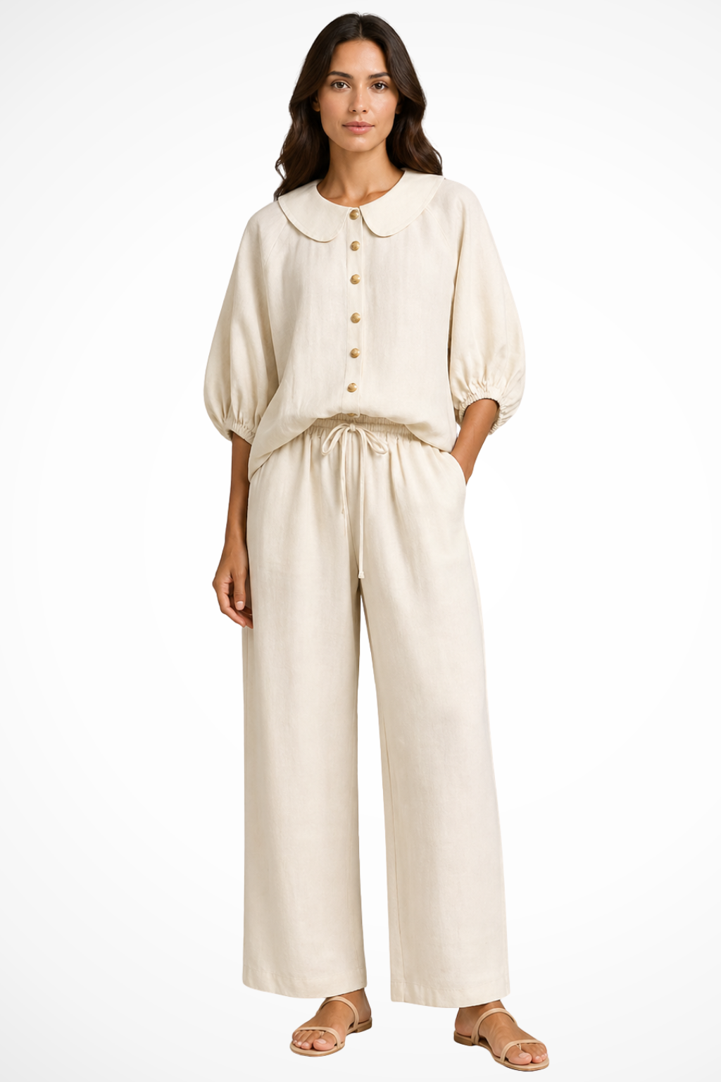Women's Linen Co-Ord Set with Peter Pan Collar Blouse & Wide Leg Pants – Two-Piece Outfit