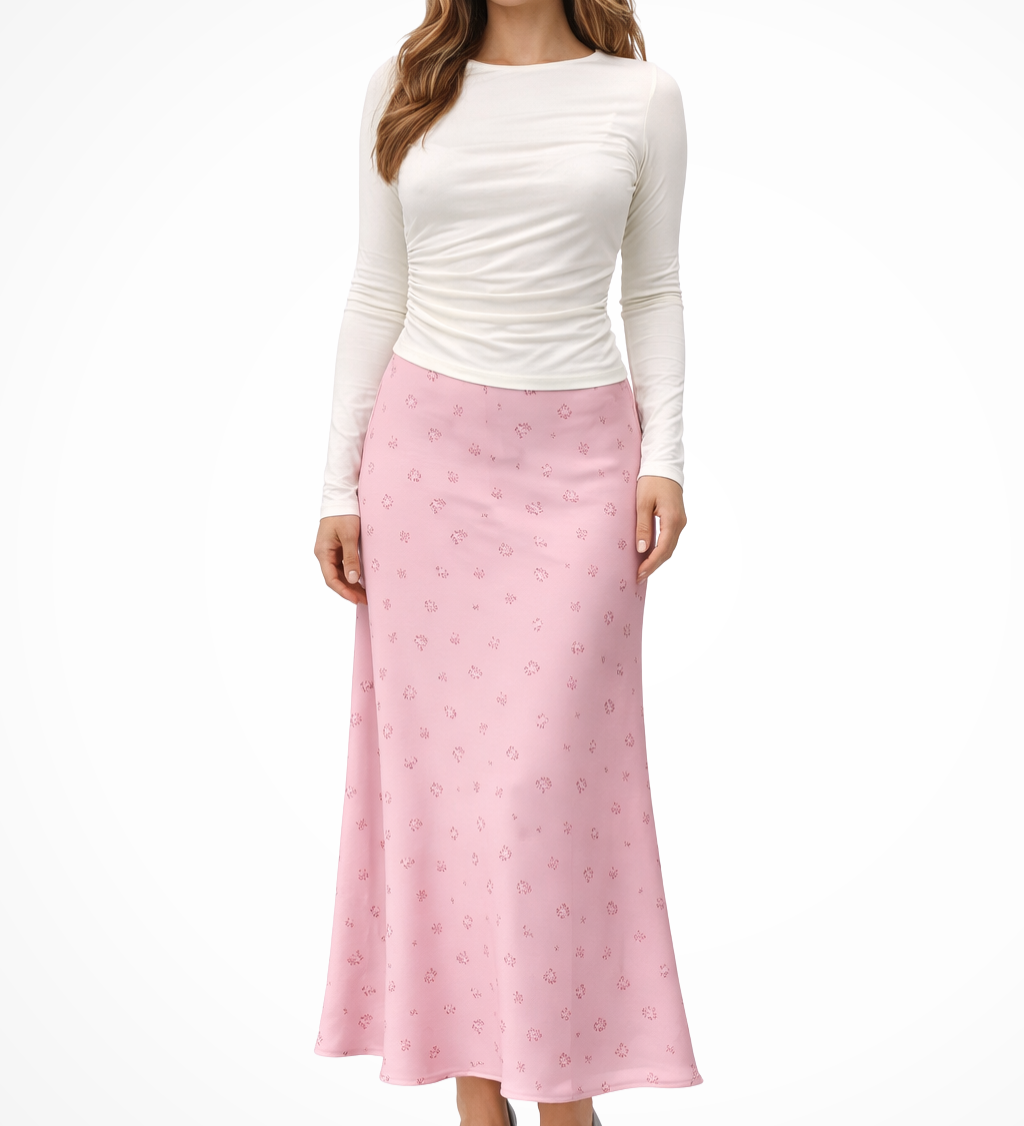 Women's Floral Satin Bias-Cut Maxi Skirt – Flowing Summer Skirt for Weddings & Garden Parties