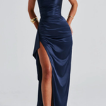 Women's Satin Spaghetti Strap Ruched Maxi Dress with High Slit – Formal & Wedding Guest