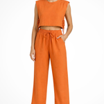 Women's Linen Two-Piece Set with Tie-Side Crop Top & Wide Leg Pants – Sleeveless Summer Co-Ord