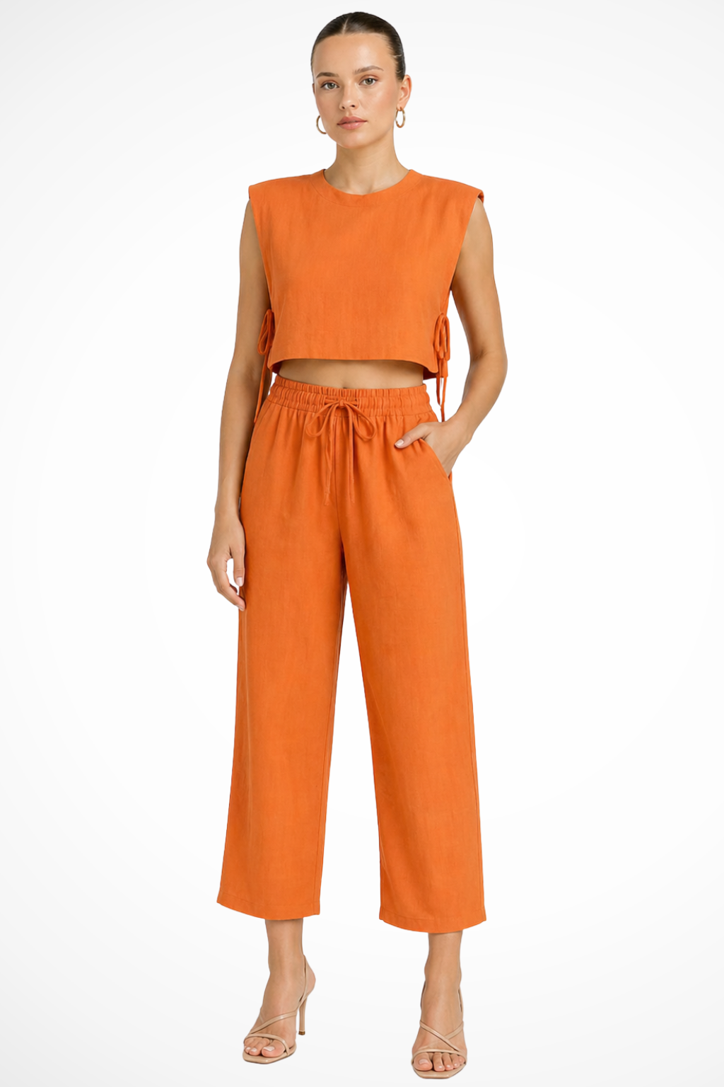Women's Linen Two-Piece Set with Tie-Side Crop Top & Wide Leg Pants – Sleeveless Summer Co-Ord