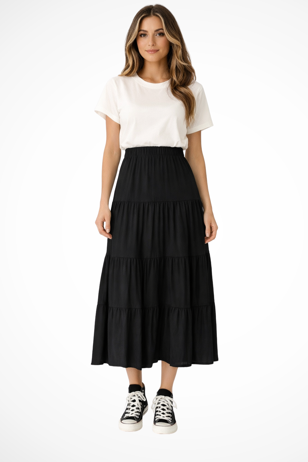 Women's High-Waist Tiered Maxi Skirt with Elastic Waist – Flowy Summer Skirt