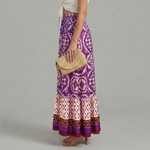 Women's Tiered Printed Maxi Skirt with Elastic High Waist – A-Line Spring Summer Skirt