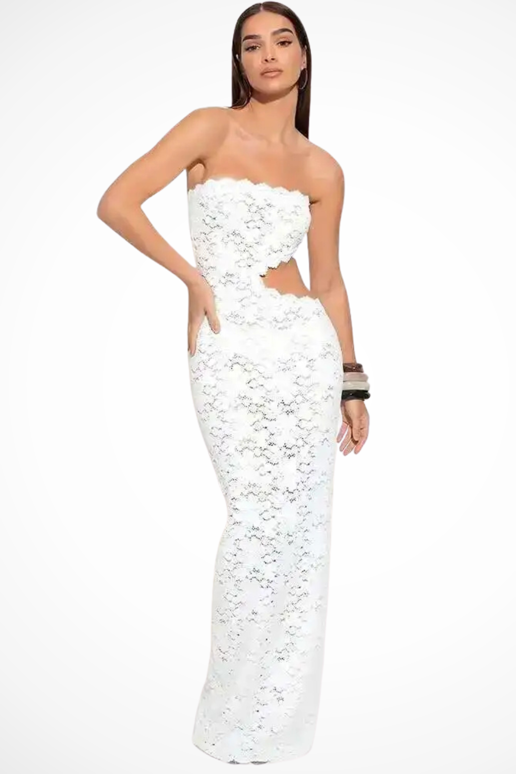 Women's White Lace Strapless Maxi Dress with Cut-Out Detail – Summer Occasion & Event Dress