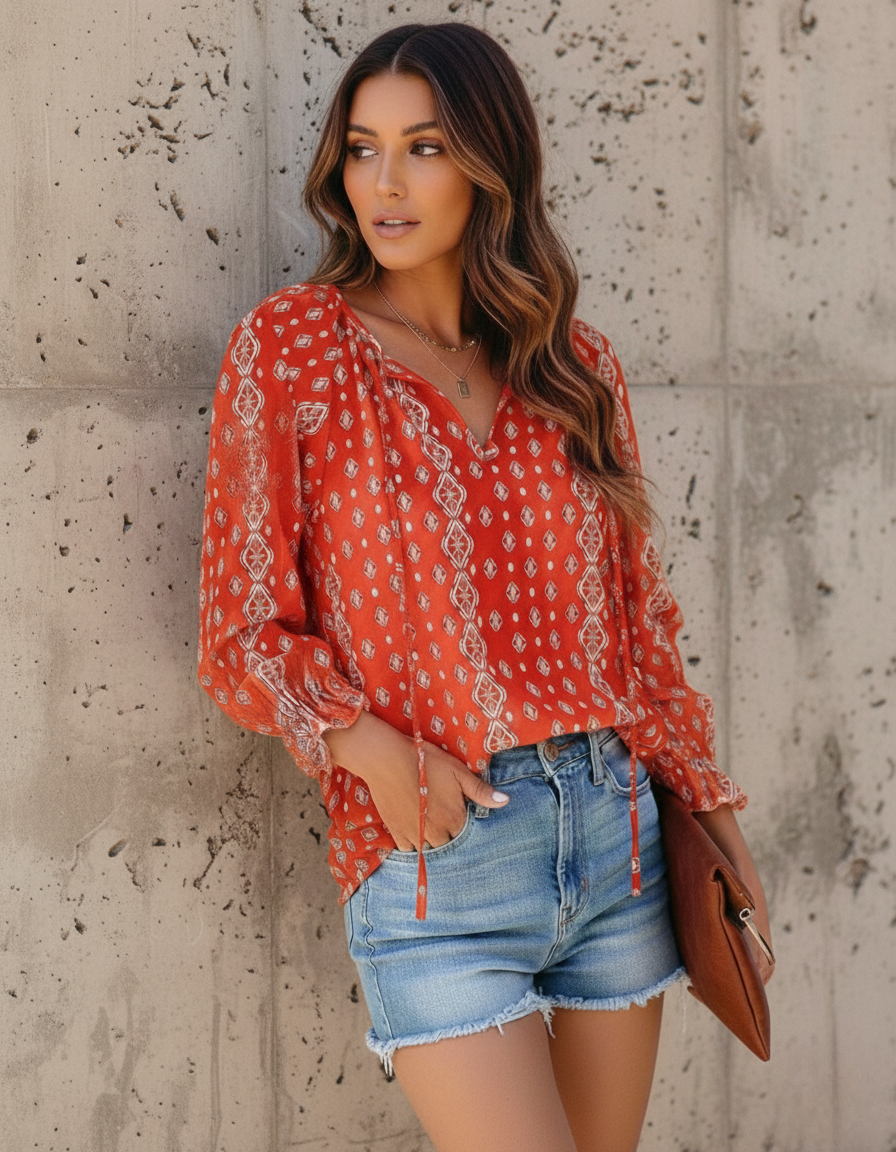 Women's Floral Print V Neck Blouse with Long Sleeves – Lightweight Everyday Top