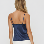 Women's Satin Cami Top with Lace Trim & Front Tie – V Neck Strappy Top for Evenings