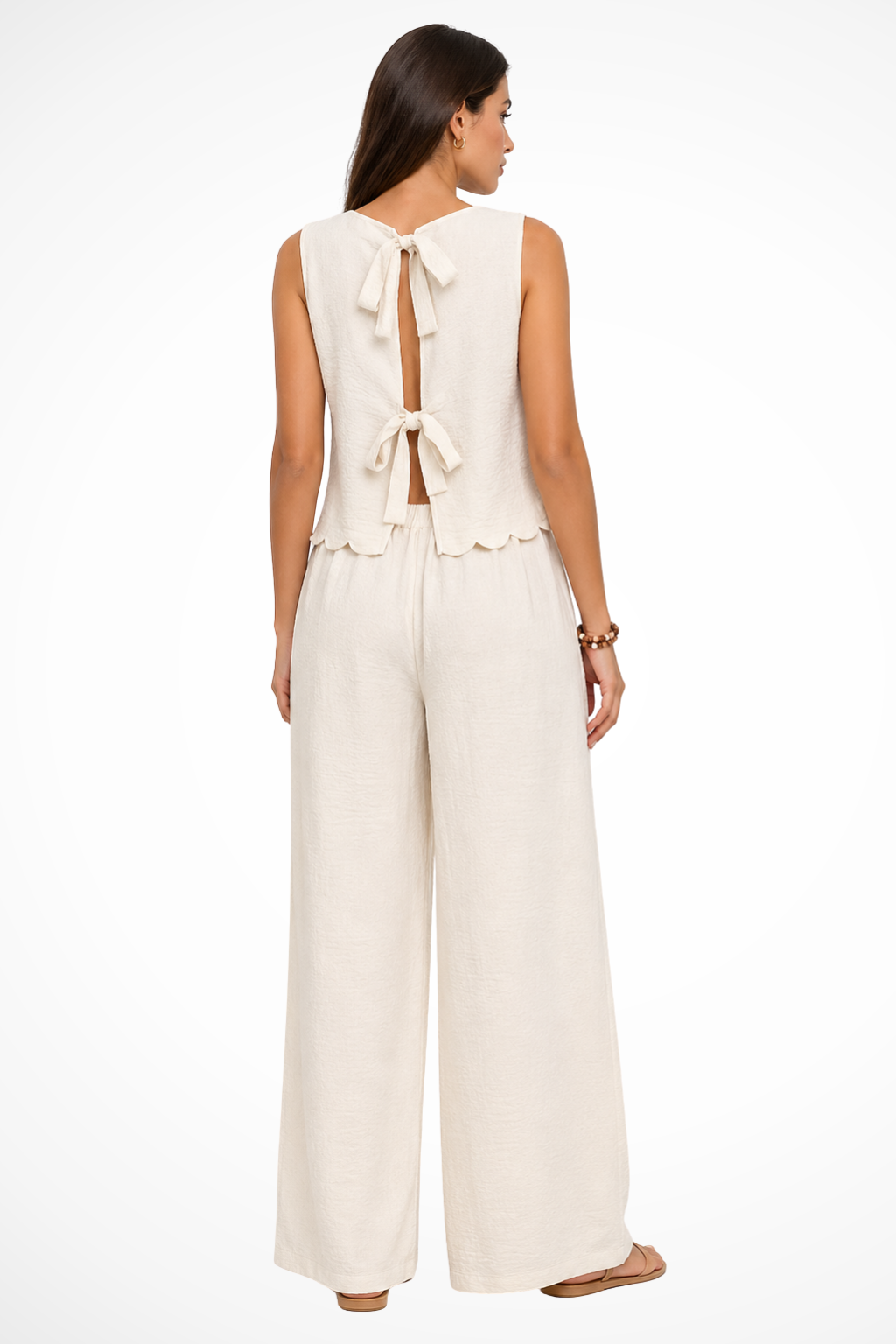 Women's Textured Scallop Hem Tie Back Top and Wide Leg Pants Set – Sleeveless Co-ord