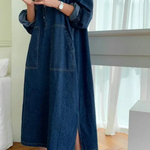 Women's Oversized Collared Denim Maxi Dress with Long Sleeves & Patch Pockets