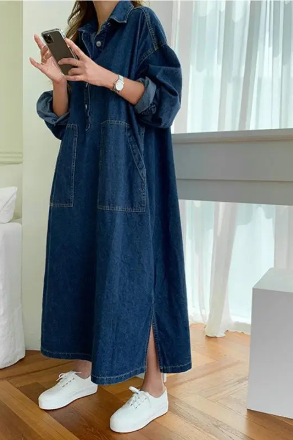 Women's Oversized Collared Denim Maxi Dress with Long Sleeves & Patch Pockets