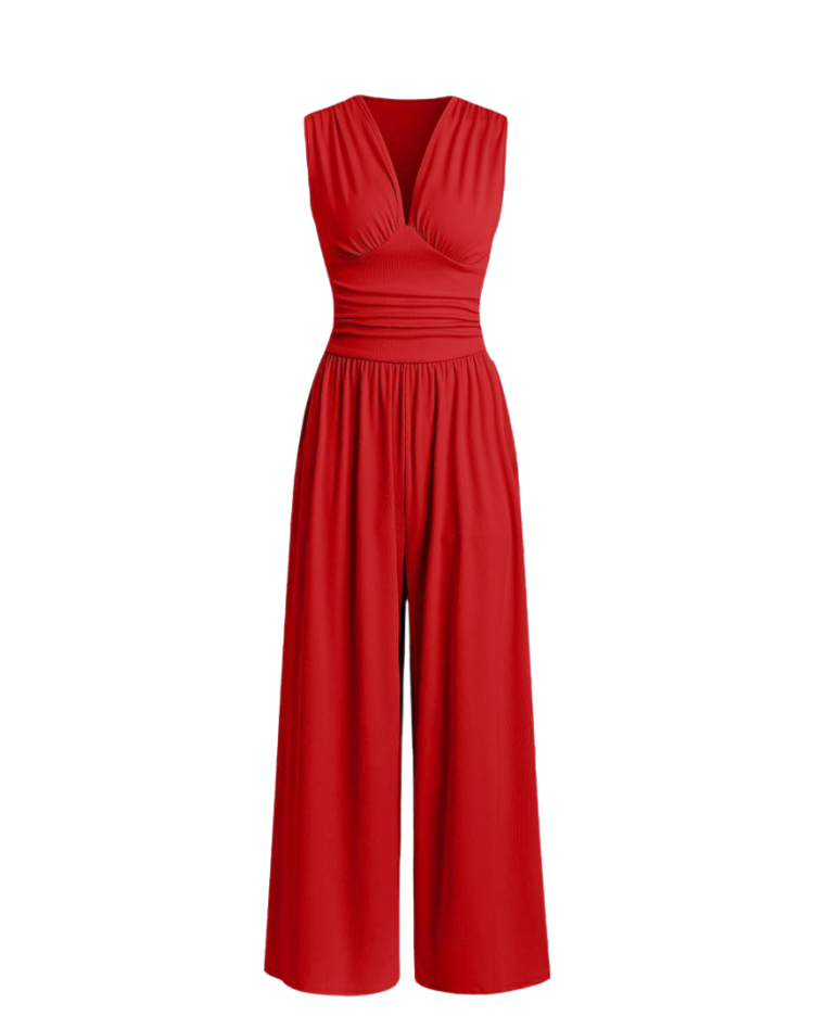 Women's Deep V-Neck Wide-Leg Jumpsuit – Fitted Waist Elegant Jumpsuit for Dinners & Parties