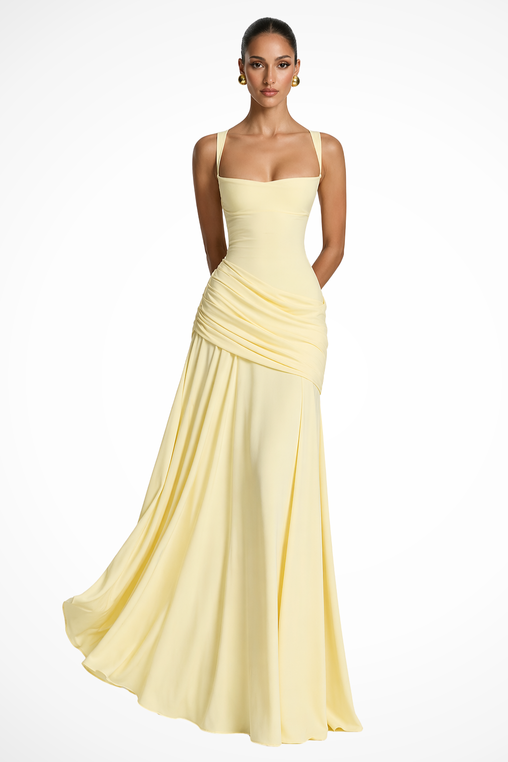 Women's Square Neck Ruched Maxi Dress with Side Split – Wedding Guest & Formal Occasion Dress