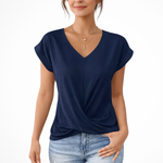 Women's V-Neck Twist Hem Top – Short Sleeve Going Out Top for Summer Evenings