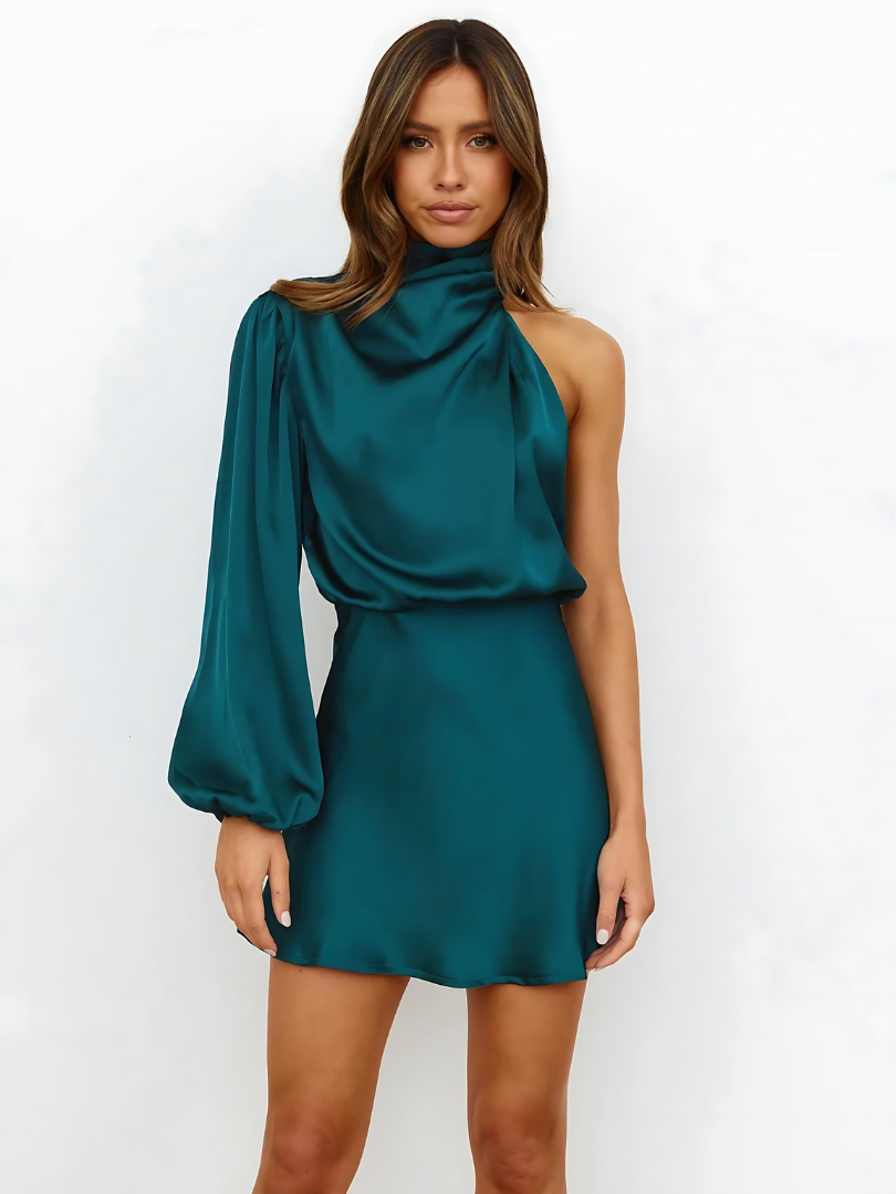 Women's One-Shoulder Asymmetric Dress with Long Sleeve – Satin-Look Fitted Occasion Dress