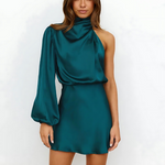 Women's One-Shoulder Asymmetric Dress with Long Sleeve – Satin-Look Fitted Occasion Dress