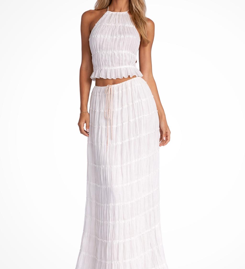 Women's Ruched Halter Crop Top and Maxi Skirt Set – Two-Piece Summer Co-Ord Outfit