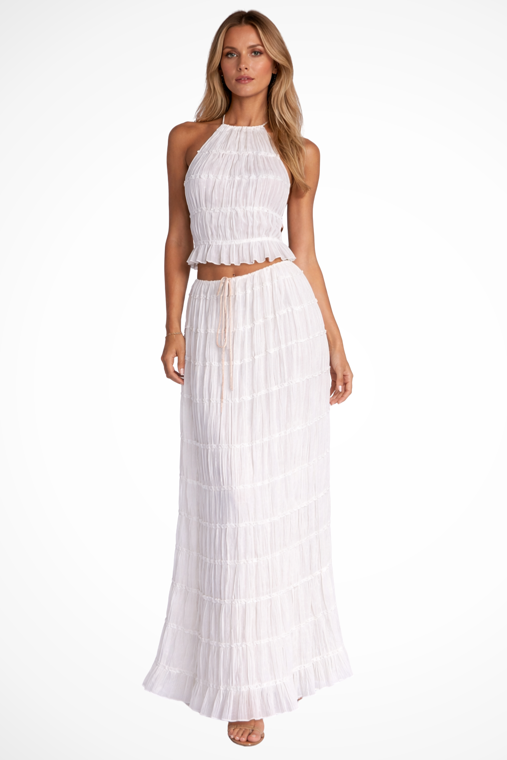 Women's Ruched Halter Crop Top and Maxi Skirt Set – Two-Piece Summer Co-Ord Outfit