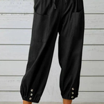Women's Linen Cropped Pants with Drawstring Waist & Button Hem – Summer Pants for Holidays