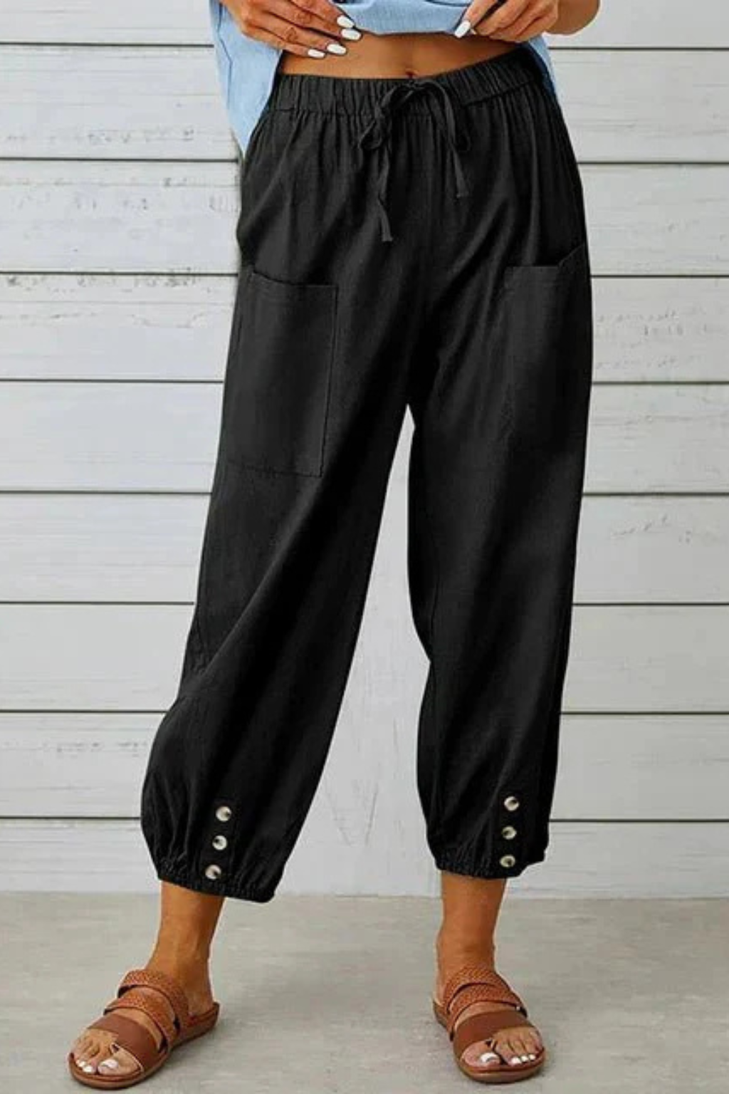 Women's Linen Cropped Pants with Drawstring Waist & Button Hem – Summer Pants for Holidays