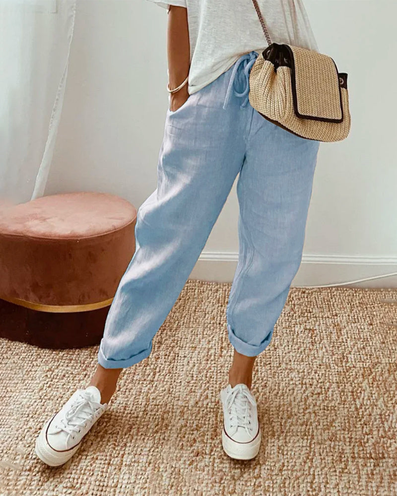Women's Breathable Drawstring Pants with Slant Pockets – Tapered Leg Comfort Everyday Pants