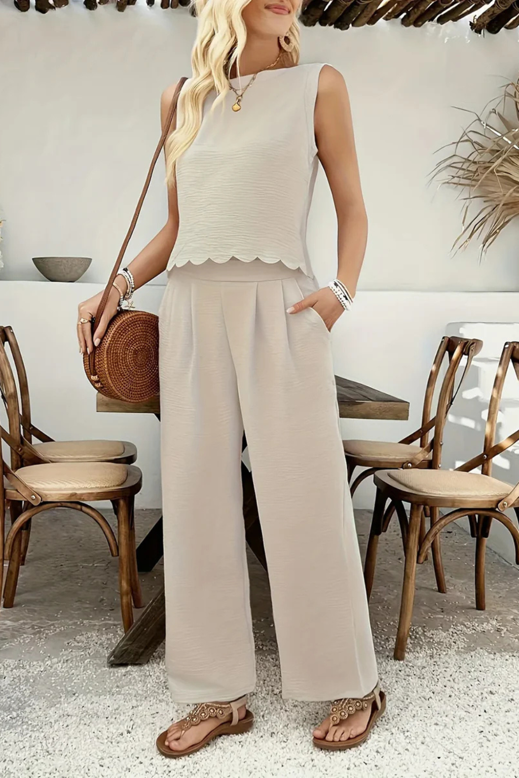 Women's Textured Scallop Hem Tie Back Top and Wide Leg Pants Set – Sleeveless Co-ord