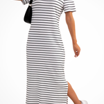 Women's Striped Midi Dress with Short Sleeves & Side Split – Casual Summer Day Dress