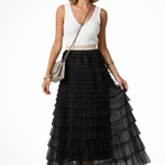 Women's Layered Tulle Tiered Midi Skirt – High Waist Flared Skirt for Occasions