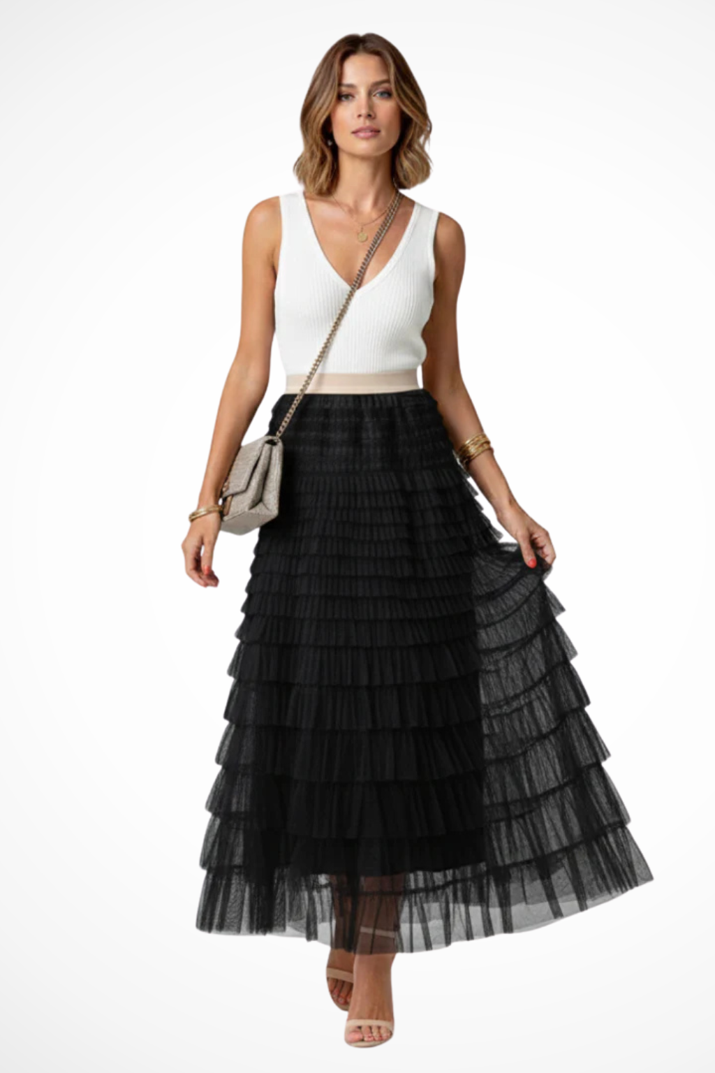 Women's Layered Tulle Tiered Midi Skirt – High Waist Flared Skirt for Occasions