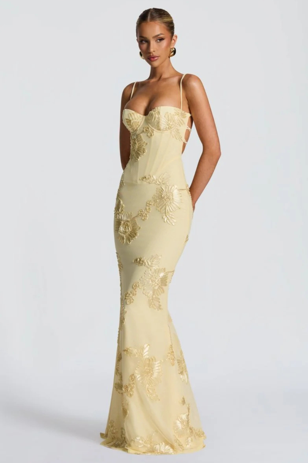 Women's Floral Embroidered Corset Maxi Dress with Cami Straps – Wedding Guest & Formal Dress