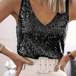 Women's Glitter Sequin V-Neck Tank Top with Wide Straps – Party, Evening & Night Out Top
