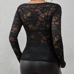 Women's Lace Long Sleeve Bodysuit with Plunge Neckline – Fitted Top for Evenings Out