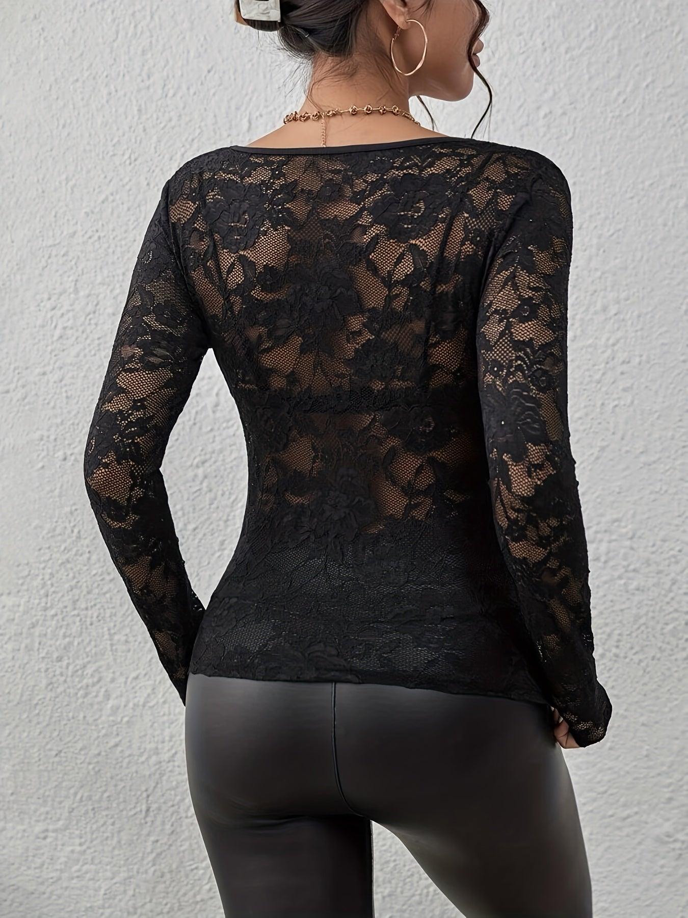 Women's Lace Long Sleeve Bodysuit with Plunge Neckline – Fitted Top for Evenings Out