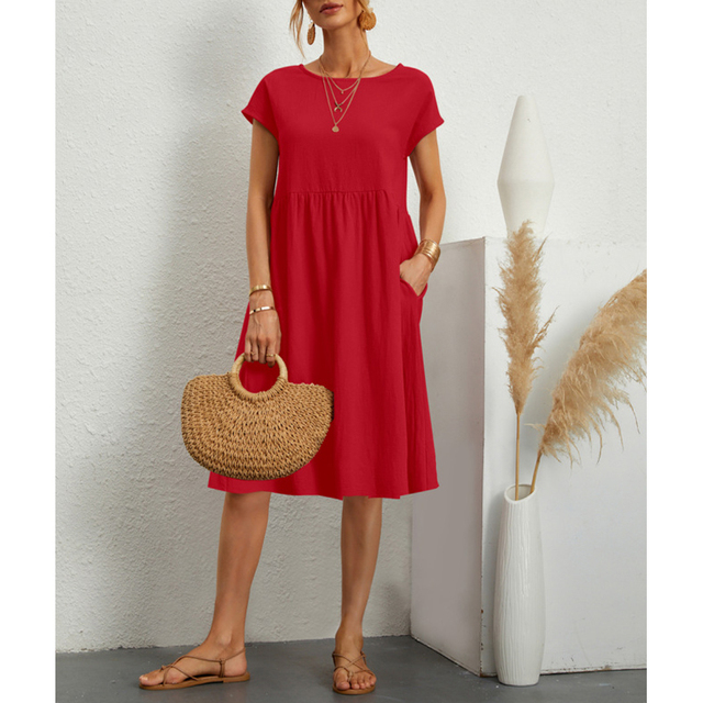 Women's Linen-Look Midi Dress – Relaxed Summer Day Dress for Brunch, Travel & Weekends