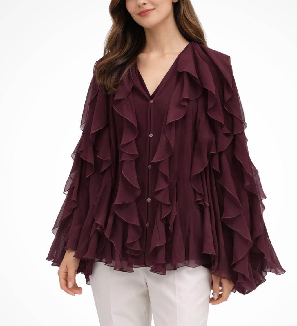 Women's Ruffled V-Neck Long Sleeve Blouse with Button Front – Statement Occasion Top