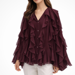 Women's Ruffled V-Neck Long Sleeve Blouse with Button Front – Statement Occasion Top