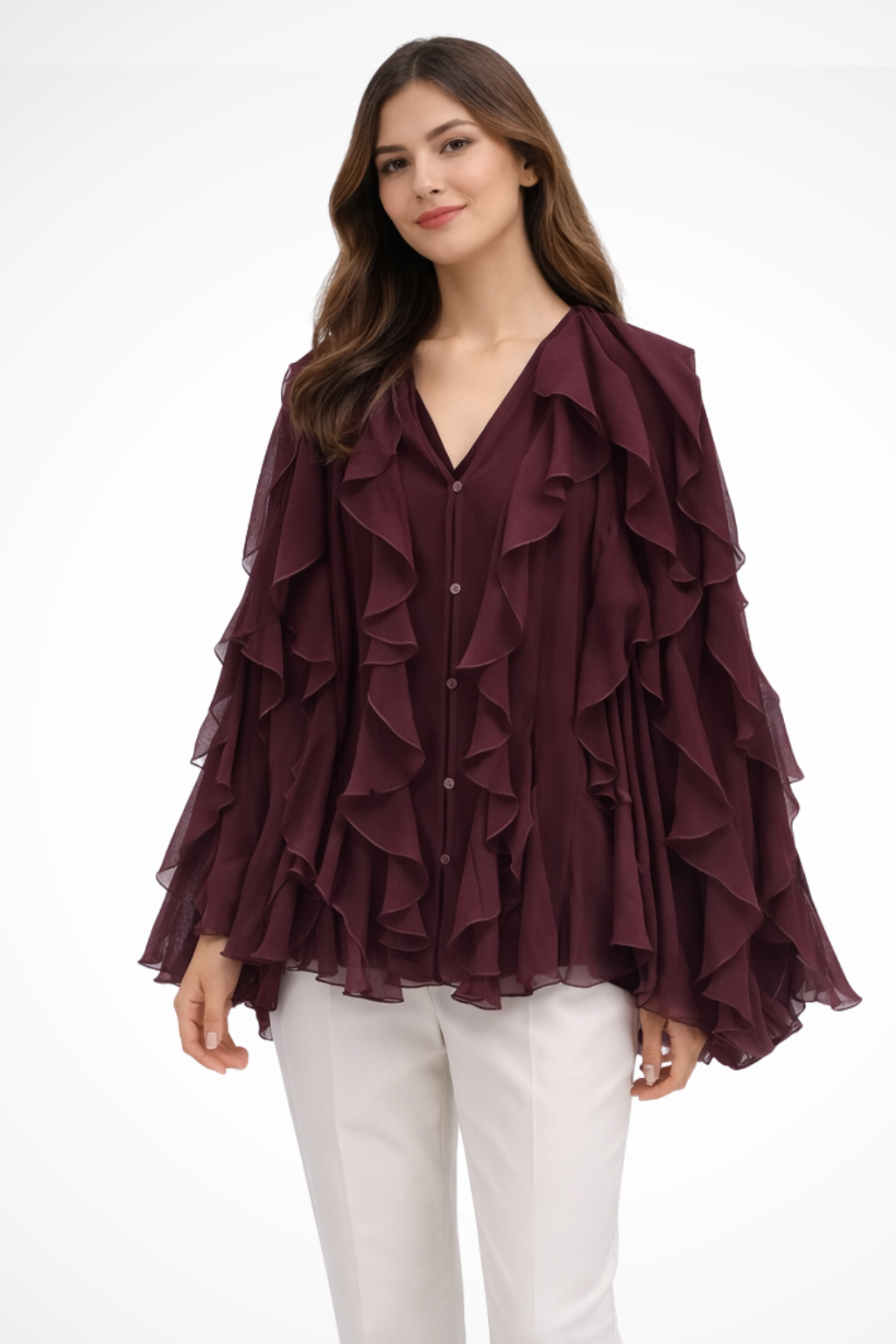Women's Ruffled V-Neck Long Sleeve Blouse with Button Front – Statement Occasion Top