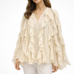 Women's Ruffled V-Neck Long Sleeve Blouse with Button Front – Statement Occasion Top