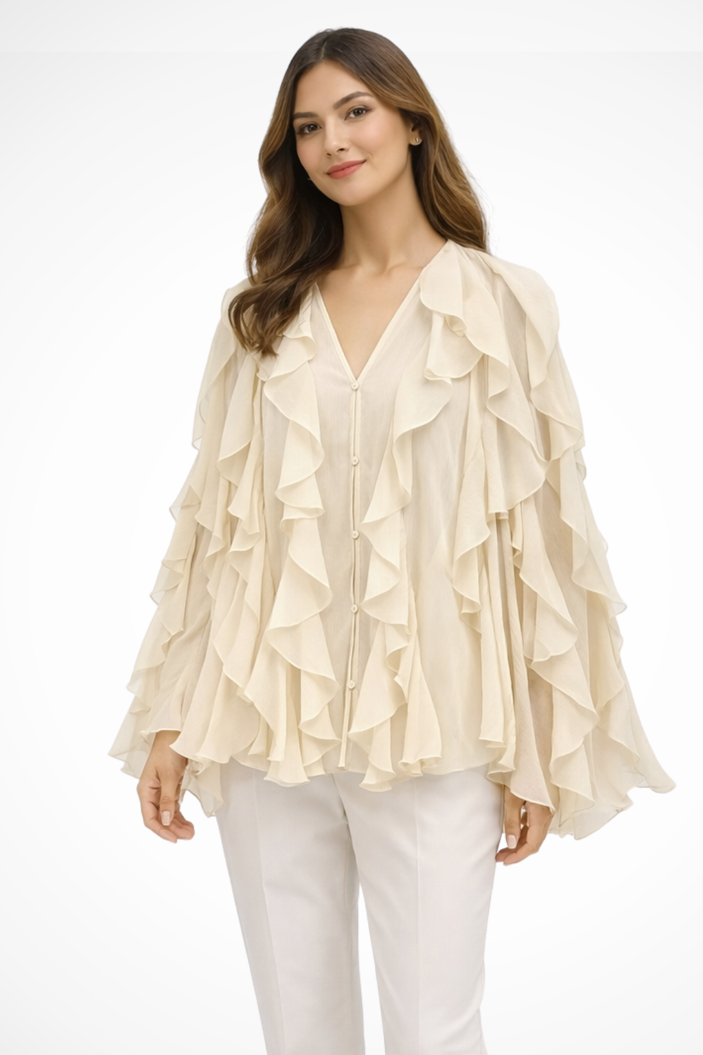 Women's Ruffled V-Neck Long Sleeve Blouse with Button Front – Statement Occasion Top