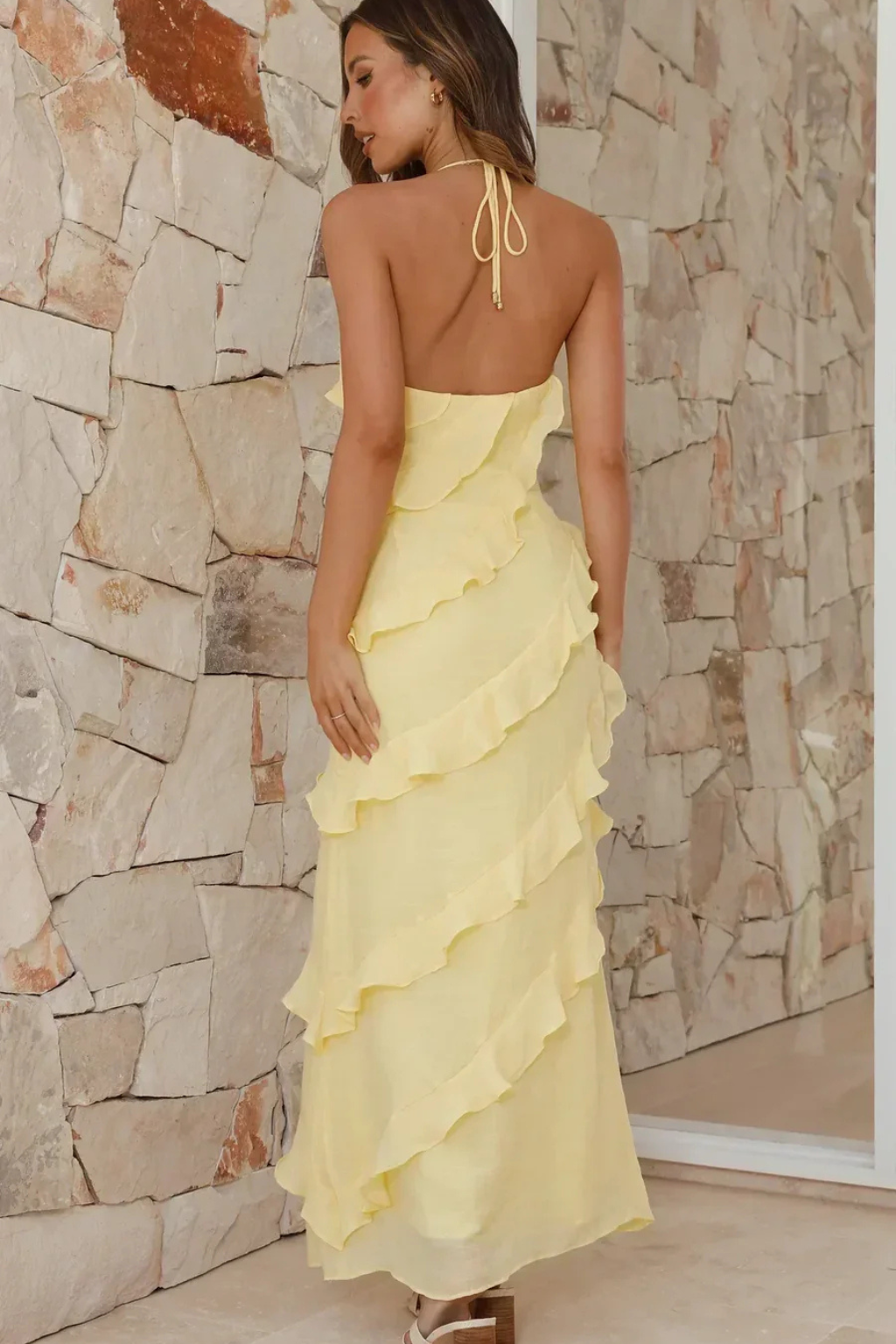 Women's Halter Neck Tiered Ruffle Maxi Dress – Flowing Summer Beach & Holiday Dress
