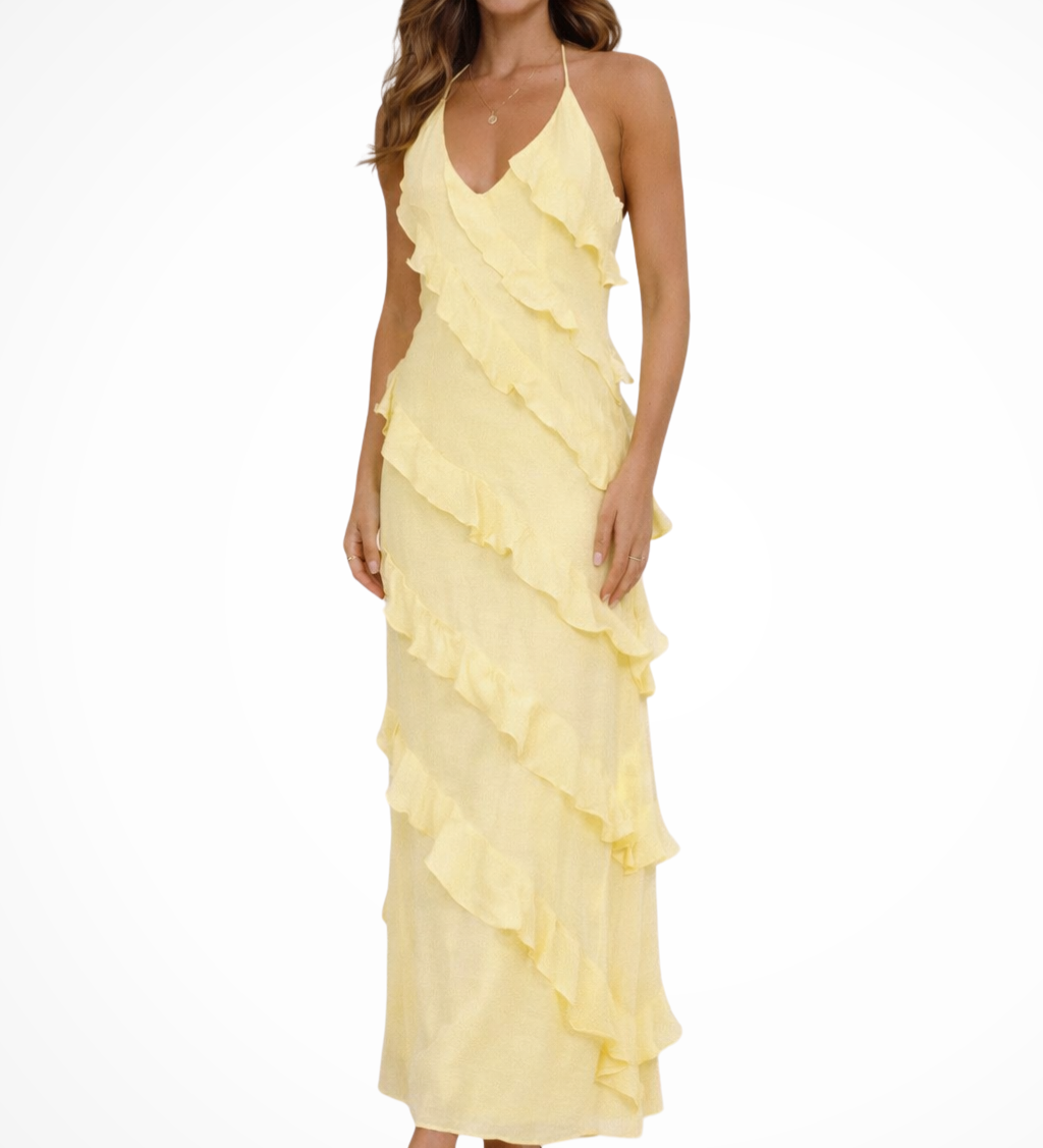 Women's Halter Neck Tiered Ruffle Maxi Dress – Flowing Summer Beach & Holiday Dress