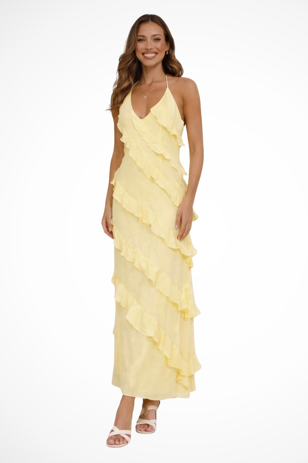 Women's Halter Neck Tiered Ruffle Maxi Dress – Flowing Summer Beach & Holiday Dress
