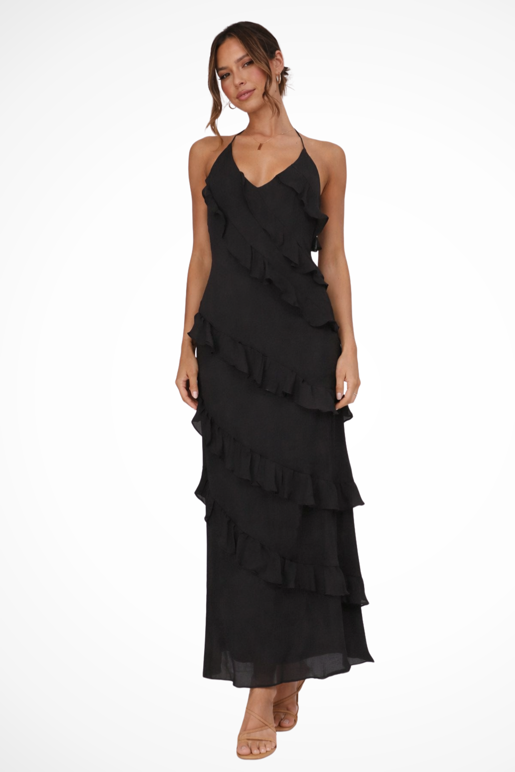 Women's Halter Neck Tiered Ruffle Maxi Dress – Flowing Summer Beach & Holiday Dress