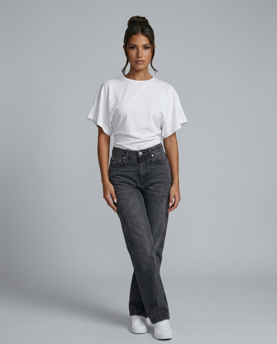 Women's Cropped Ruched Top with Wide Short Sleeves – Round-Neck Relaxed Summer Top