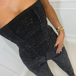 Women's Sequin Strapless Crop Top & High-Waist Jeans Set – Two-Piece Party Outfit for Nights Out