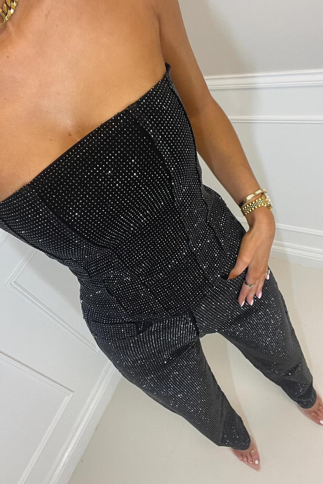 Women's Sequin Strapless Crop Top & High-Waist Jeans Set – Two-Piece Party Outfit for Nights Out