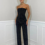 Women's Sequin Strapless Crop Top & High-Waist Jeans Set – Two-Piece Party Outfit for Nights Out