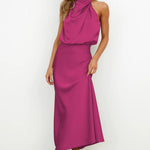 Women's Satin Halter Midi Dress – Sleeveless Wedding Guest & Cocktail Dress for Summer Events