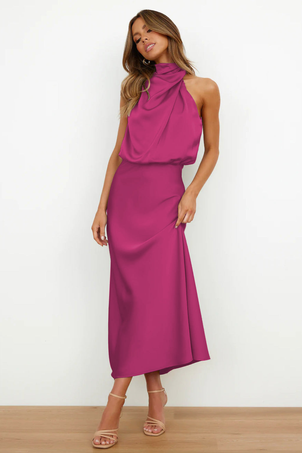 Women's Satin Halter Midi Dress – Sleeveless Wedding Guest & Cocktail Dress for Summer Events