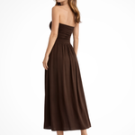 Women's Strapless Pleated Maxi Dress with Ruched Bodice – Brown Summer Occasion Dress