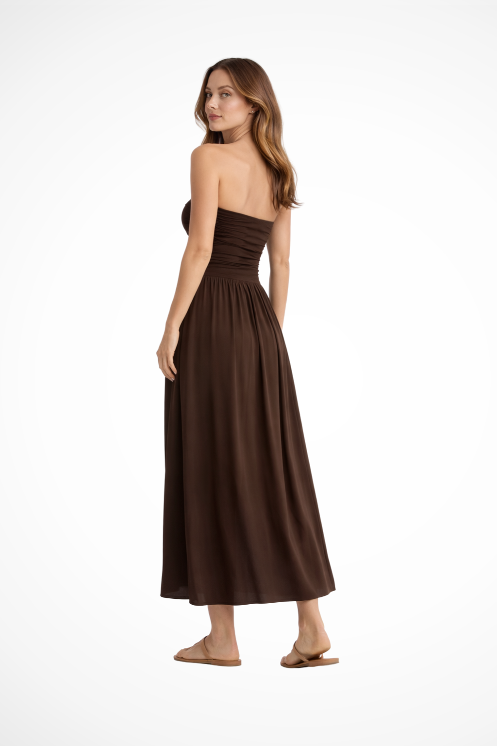 Women's Strapless Pleated Maxi Dress with Ruched Bodice – Brown Summer Occasion Dress