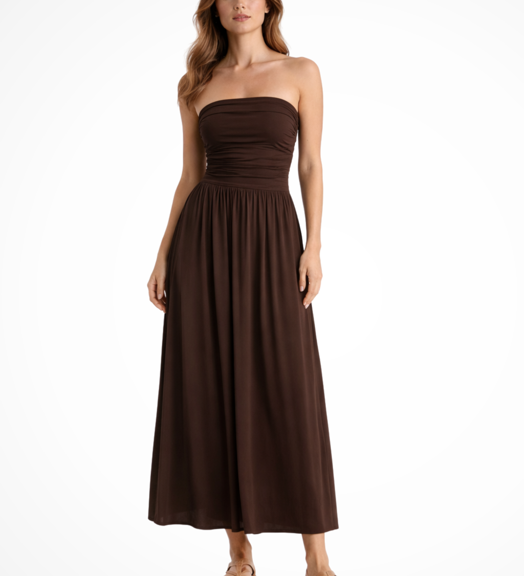 Women's Strapless Pleated Maxi Dress with Ruched Bodice – Brown Summer Occasion Dress